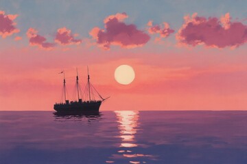 Obraz premium A Silhouette of a Sailing Ship Against a Pink Sunset Sky
