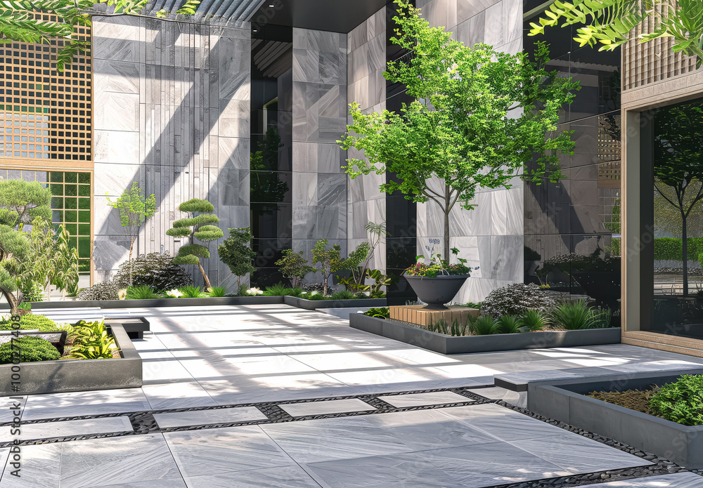 Poster large, modern building with a courtyard in the middle. the courtyard is filled with trees and plants