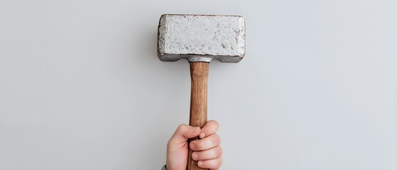 A hand holds a heavy hammer against a plain wall, showcasing strength and readiness for work or construction tasks.