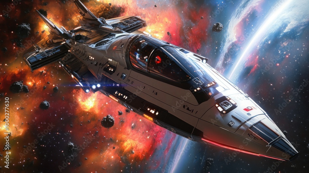 Poster futuristic spaceship navigating through a nebular field