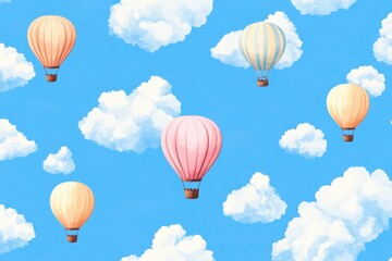 Naklejka premium Colorful Hot Air Balloons Soaring Through a Blue Sky With Puffy Clouds