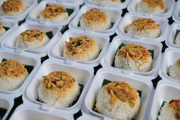 Boxed rice. Rows of packaged rice boxes, spicy seasoned shredded chicken.