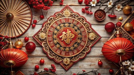 Chinese New Year decorations on a wooden background with red lanterns, gold ornaments, and traditional symbols.