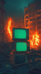 stack of old classic televisions in front of a fire, burned location after the war, cinematic composition media scene ruined panorama abandoned stacks of TVs monitors tv 3d realistic style vertical 