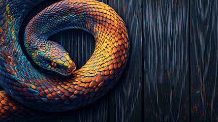 Fototapeta premium Vibrant orange and blue snake coiled on textured wooden surface