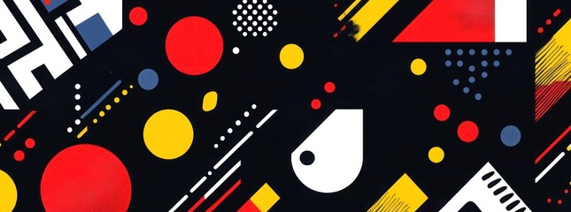 Abstract geometric background with red, yellow, white and blue shapes and dots on black.