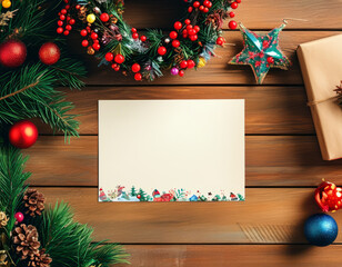 Fototapeta premium Holiday Card with Natural Greenery and Ornaments. Blank Christmas Card Display with Pinecones. Holiday Stationery with Festive Ornaments. Copy space