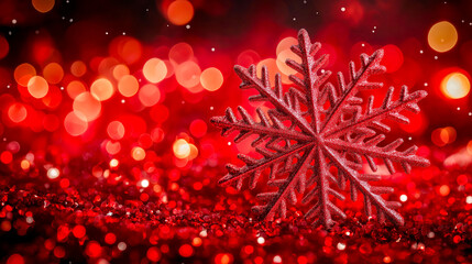 Elegant red snowflake with intricate geometric patterns, softly glowing against a vibrant background of rich red bokeh lights for a captivating winter feel