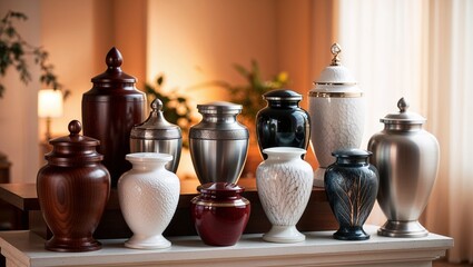 Variety of Cremation Urns Displayed on a Table in a Funeral Home