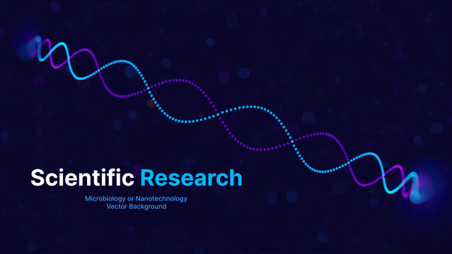 Abstract DNA Molecule Colorful Neon Lights Helix Spiral Wave Background. Medical Science Concept, Genetic Biotechnology, Chemistry Biology, DNA Gene. Science Education Event BG. Vector Illustration.