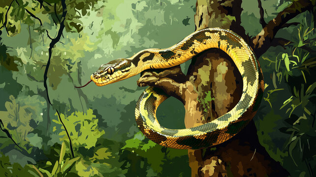  Coiled Yellow and Green Snake on Tree in Lush Forest Illustration