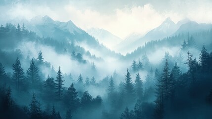 Misty Mountain Forest with Snowy Peaks in the Distance