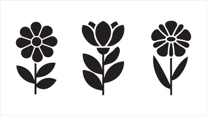 Silhouette of Three black flowers are shown in a row. The flowers are all different shapes and sizes. The flowers are all black and have no color