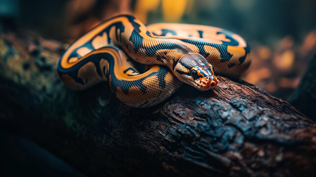Vibrant Ball Python Resting on Tree Trunk in a Forest Setting