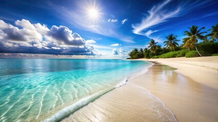 Fototapeta premium Beautiful Tropical Beach with Golden Sand and Crystal Clear Ocean Water, A Serene Coastal Paradise Perfect for Digital Graphic Design Projects and Backgrounds