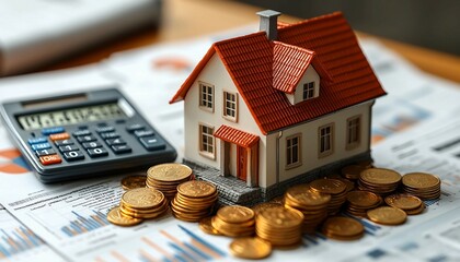 financial and real estate concept image featuring a miniature model house with a red roof placed on top of documents with charts and graphs.