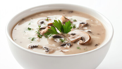A steaming bowl of creamy mushroom soup made with assorted edible mushrooms, served in a white ceramic bowl on a clean white background Copy space for recipe ideas