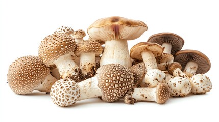 A variety of edible hedgehog mushrooms, with their spiky undersides and smooth tops, arranged on a white background, perfect for culinary or educational uses Copy space available