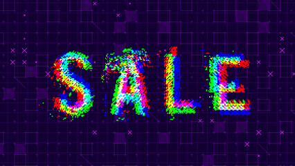 Seasonal Tech SALE Glitched Cyberpunk Modern Style Typography Banner. Dark Background for Black Friday Tech Sale or Cyber Monday Blog Post. Vector Illustration.