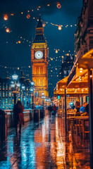 Big Ben and London Street at Night with Lights