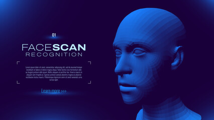 Obraz premium Face ID Scan Recognition AI. Artificial Intelligence Concept. Abstract Digital Particles Human Face. Robotics Concept. Wireframe Head Science Fiction Concept. Vector Illustration. Deep Learning Art.