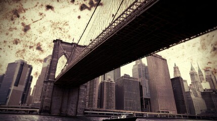 Naklejka premium Modern abstract art work representing views of New York, river, and bridge. Urban illustrations, paintings of American cities, abstract art.