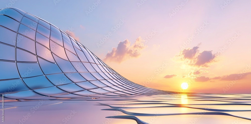 Poster skyscraper of an office building with curved glass window viewed from a low angle.
