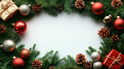 Festive christmas wreath adorned with red and gold ornaments, pinecones, and wrapped gifts, creating a perfect holiday-themed decoration for design purposes.