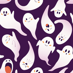 Seamless pattern of cute friendly ghosts on a dark purple background