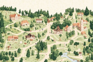 A Watercolor Illustration of a Small Village Surrounded by Trees