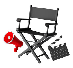 Directors chair with clapperboard and megaphone. Isolated filmmaking design elements. 3D rendering.