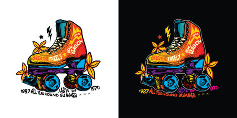 Fototapeta premium Roller skates with flowers on the background. Original vector illustration in vintage style. T-shirt design.