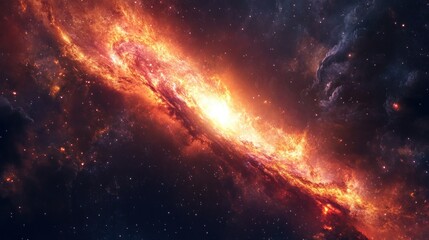 Fototapeta premium A fiery cosmic nebula with swirling gas and dust, illuminating the vast darkness of space with brilliant reds, oranges, and yellows.