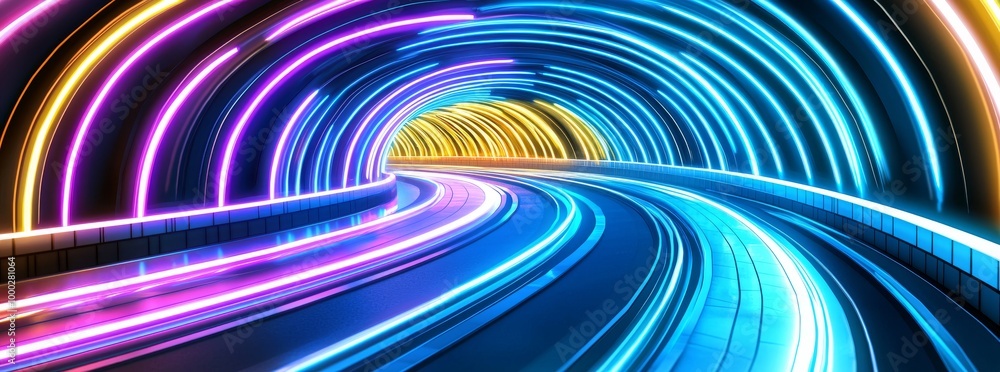 Poster a 3d rendering of an abstract panoramic background featuring rays and lines of neon glowing in ultra