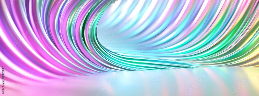 Poster render of abstract panoramic background with a tunnel turn. violet neon rays and lines glow as brigh