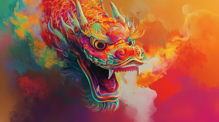 Colorful Fiery Chinese Dragon in Abstract Smoke on Vibrant Background