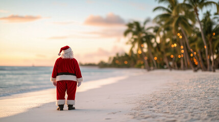 A rear view of Santa Claus walking along the ocean shore on the sand. There are palm trees in the background and the side of the lights, a tropical new year.