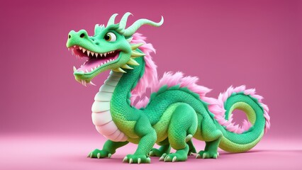 Obraz premium A colorful, cartoonish dragon with pink features and a playful expression against a pink background.
