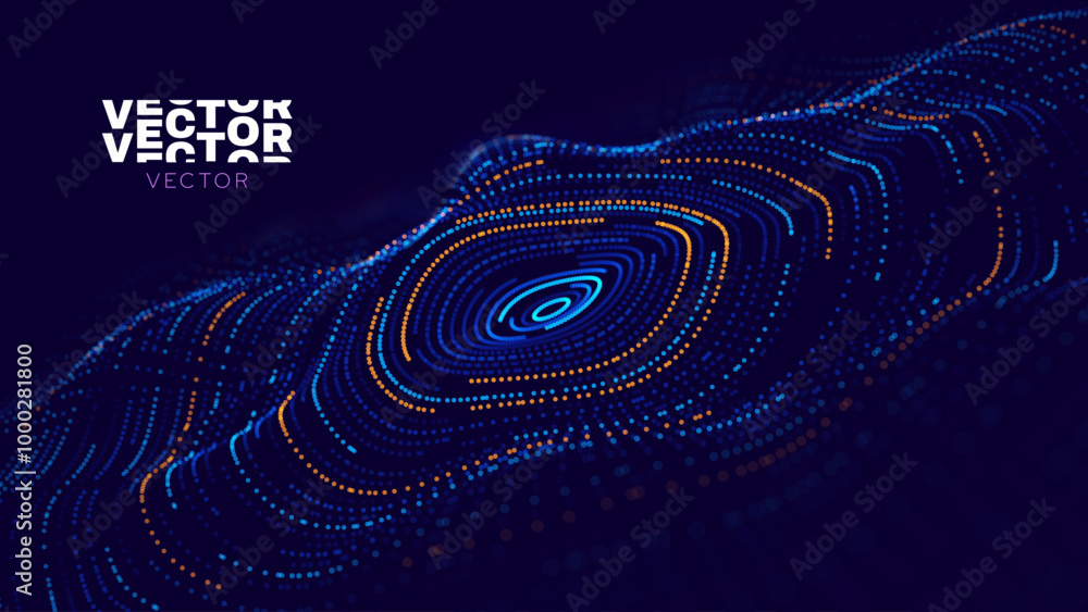 Poster Big Data Visualization. Circular Particles With Trails Vortex. Futuristic Science or Finance Infographic Design. Complex Visual Data Background. Abstract Data Flowing. Vector Illustration.