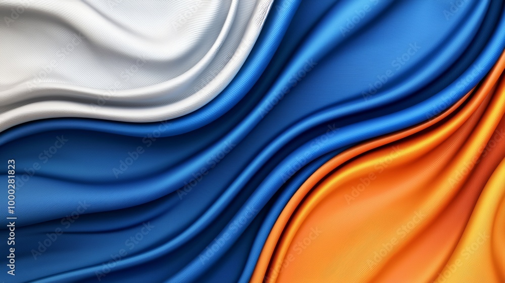 Poster an abstract blue and orange background with smooth flat geometric shapes, written in a 3d environmen