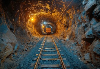 Naklejka premium Old coal mining site with excavated tunnel and coal cars on tracks