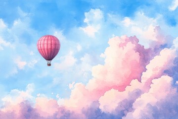 Naklejka premium Watercolor Illustration of a Pink Hot Air Balloon Floating in a Blue and Pink Sky with Fluffy Clouds