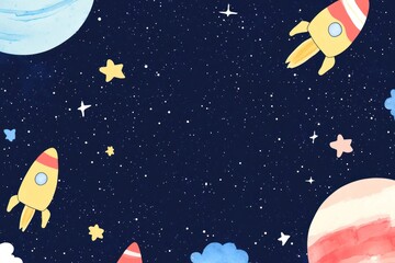 Fototapeta premium Watercolor Illustration of a Starry Night Sky with Planets and Rockets