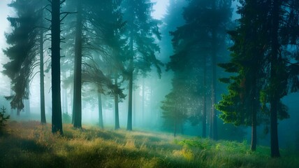 Obraz premium Enchanting misty forest scene at dawn, where tall pine trees tower over a carpet of lush green grass. Soft sunlight filters through the fog, creating a magical atmosphere that invites exploration