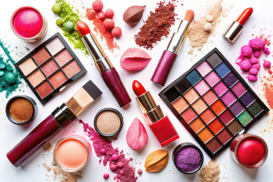 Colorful makeup arrangement showcasing lipsticks, eyeshadow palettes, and beauty products creatively scattered on a smooth background. Generative AI