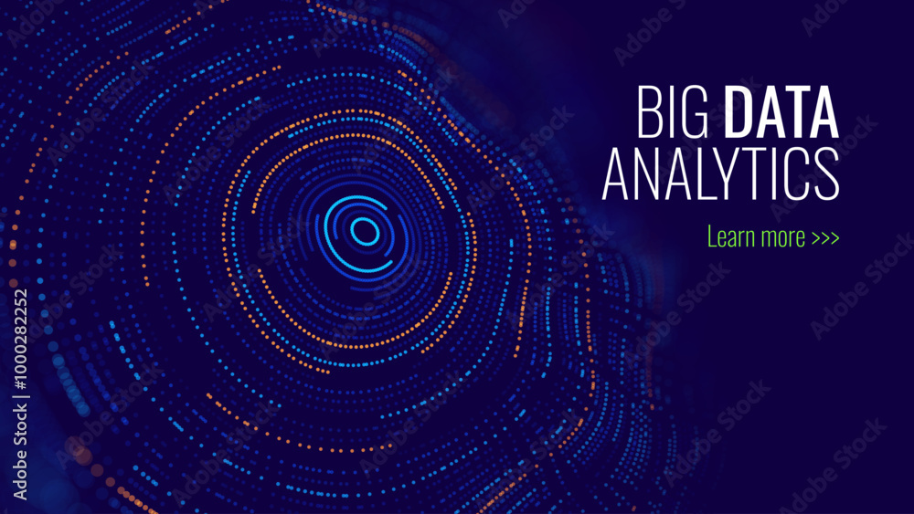 Poster Big Data Visualization. Circular Particles With Trails Vortex. Futuristic Science or Finance Infographic Design. Complex Visual Data Background. Abstract Data Flowing. Vector Illustration.