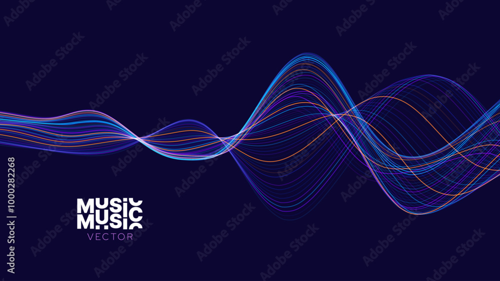 Poster Smooth Flowing Dynamic Sound Wave Blue Technology Background. Abstract Digital EQ Equalizer. Artificial Intelligence AI Assistant Voice Recognition Sound Wave Vector Illustration.