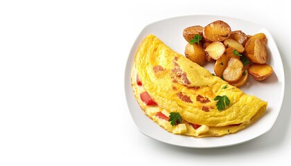 omelette or omelet is a dish made from eggs, in a frying pan filled with chives, vegetables, mushrooms, meat (often ham or bacon) cheese, onions, tomato usually served with potato or hash browns
