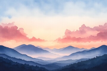 Watercolor Painting of a Misty Mountain Range at Sunset