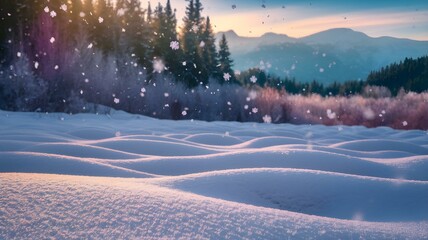 A tranquil winter scene featuring soft, undulating snow drifts under a pastel-colored sky, with gently falling snowflakes creating a peaceful atmosphere in a serene forest landscape